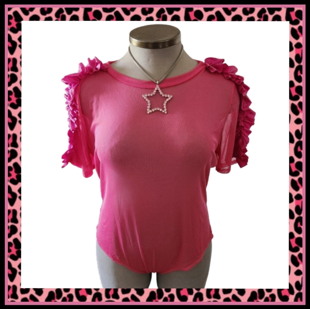 PINK ☆ RUFFLE ACCENT ☆ SHEER MESH ☆ BODYSUIT ☆ NWOT
